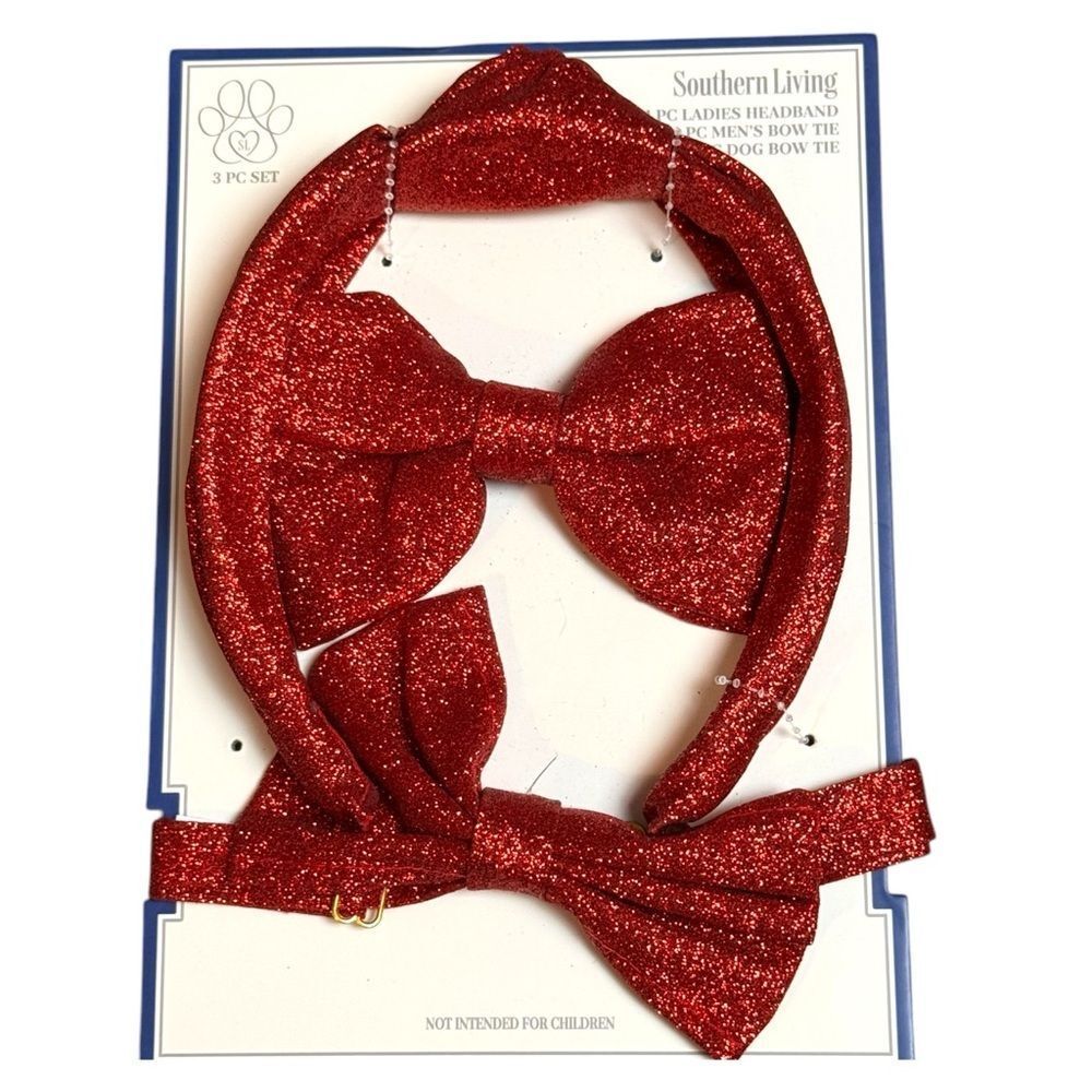 ⚫️⚫️⚫️ Red Metallic 3 Piece Ladies Headband, Men’s Bow Tie, Dog Bow Tie NWT